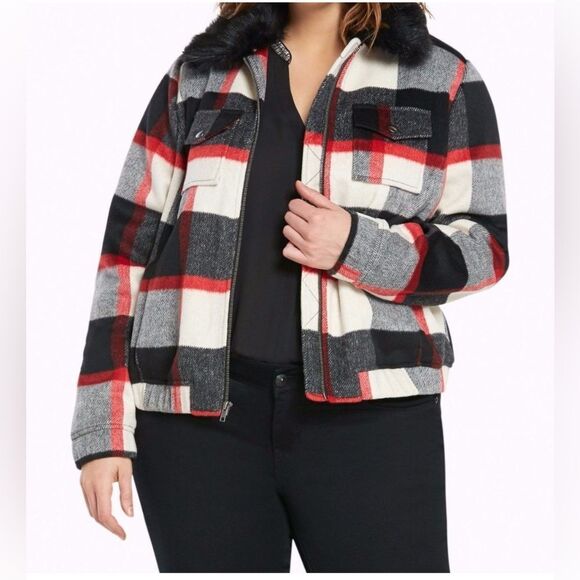 torrid Jackets & Blazers - Torrid Plaid Wool Blend Bomber Jacket - Red, Black, White Size 1